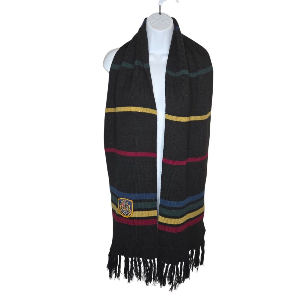 Harry Potter Hogwarts Crest Striped Knit Winter Scarf with Fringe Elope